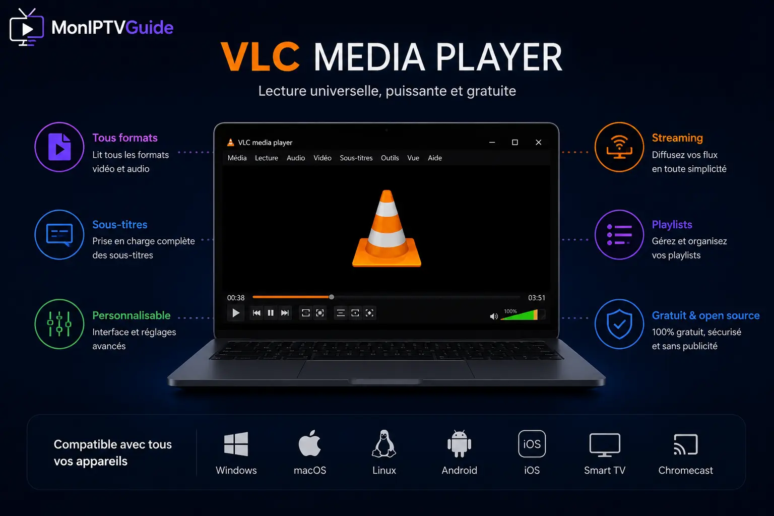 Illustration d’un ordinateur utilisant un lecteur multimédia pour tester un flux IPTV