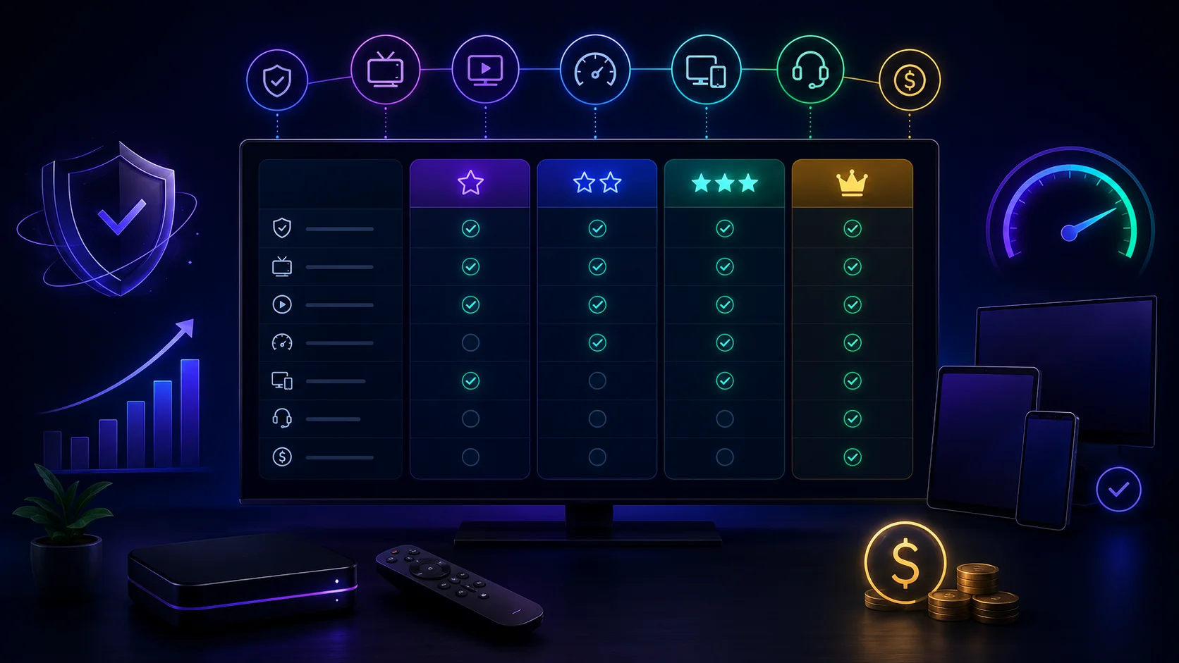 Schéma des sept critères d’évaluation d’un abonnement IPTV disposés autour d’un écran central